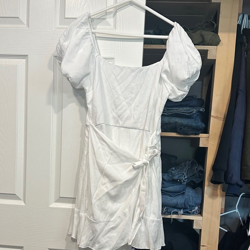Trixxi White Puff-Sleeve Wrap Mini Dress